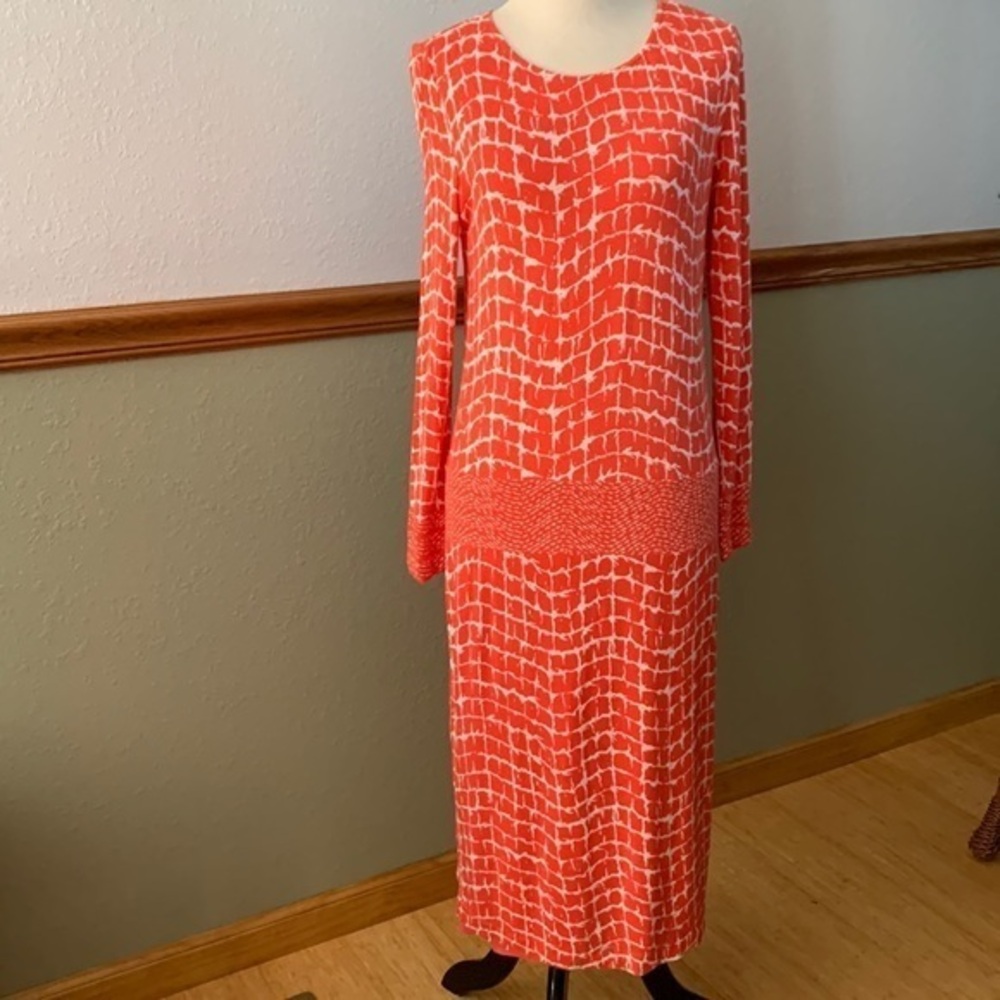 J.Peterman Orange Geometric Print Drop Waist Long Sleeve Jersey Knit Dress XXS
